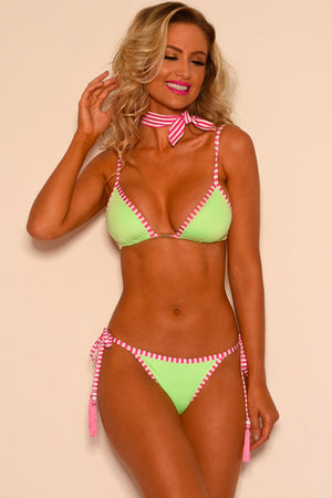 Neon Green & Stripes Triangle Bikini Top - Madallola