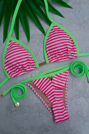 Pink Stripes & Neon Green Triangle Bikini Top - Madallola