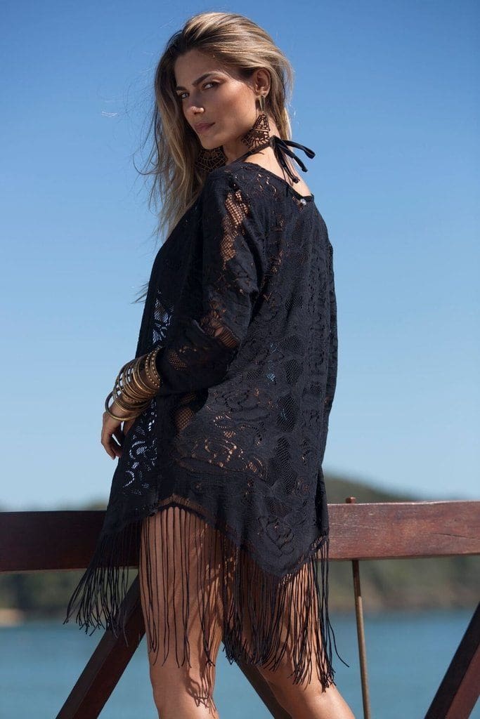 Annie Black Fringe Kimono - Belles - bikiniland